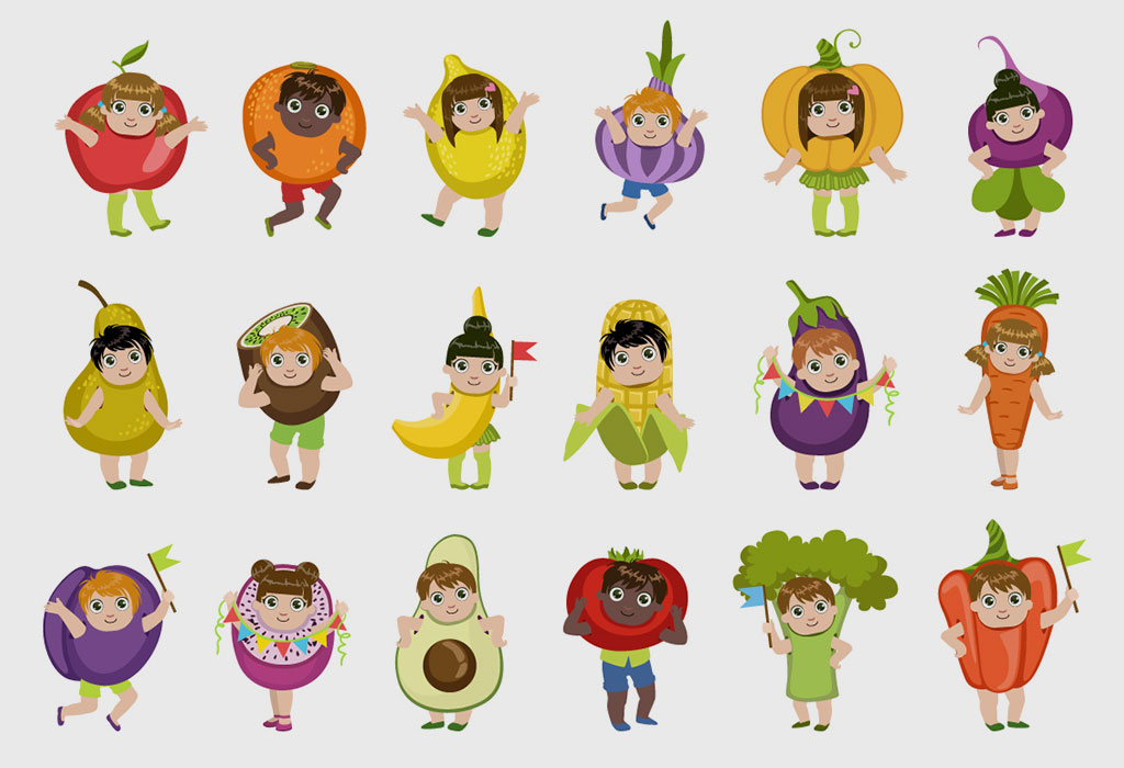 An illustration of kids dressed as fruits and vegetables