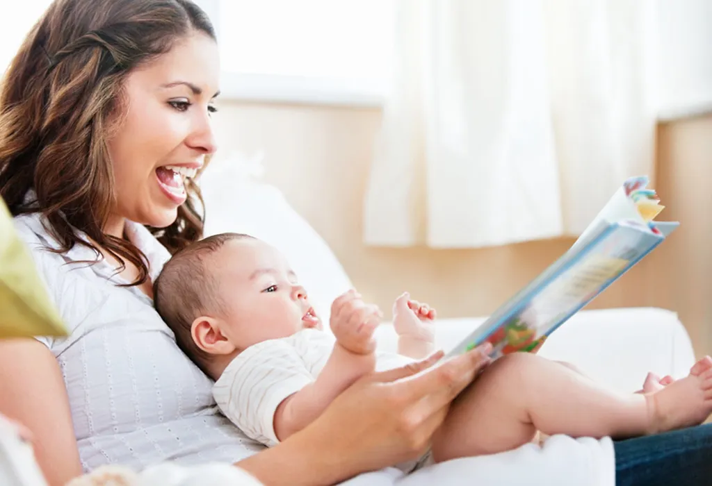 Mother reading story to her baby