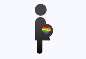 A pregnant woman icon with a rainbow coloured heart
