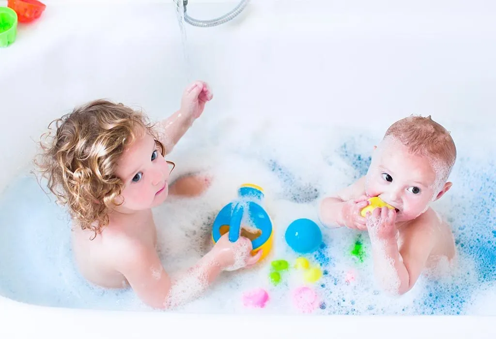 Kids playing bubble bath