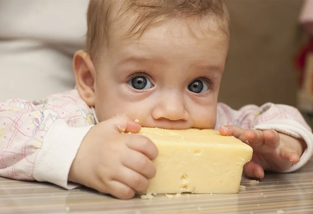 Baby eating cheese