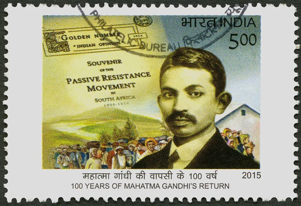 Indian post stamp, commemorating 100 years of Gandhi's return to India