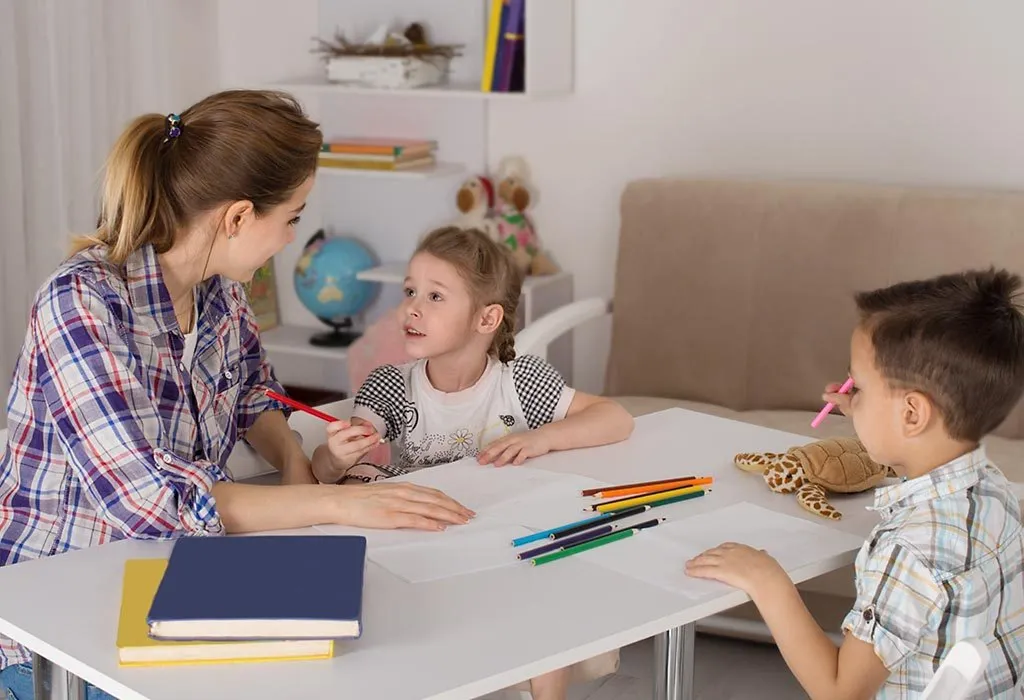 Mother and children talking