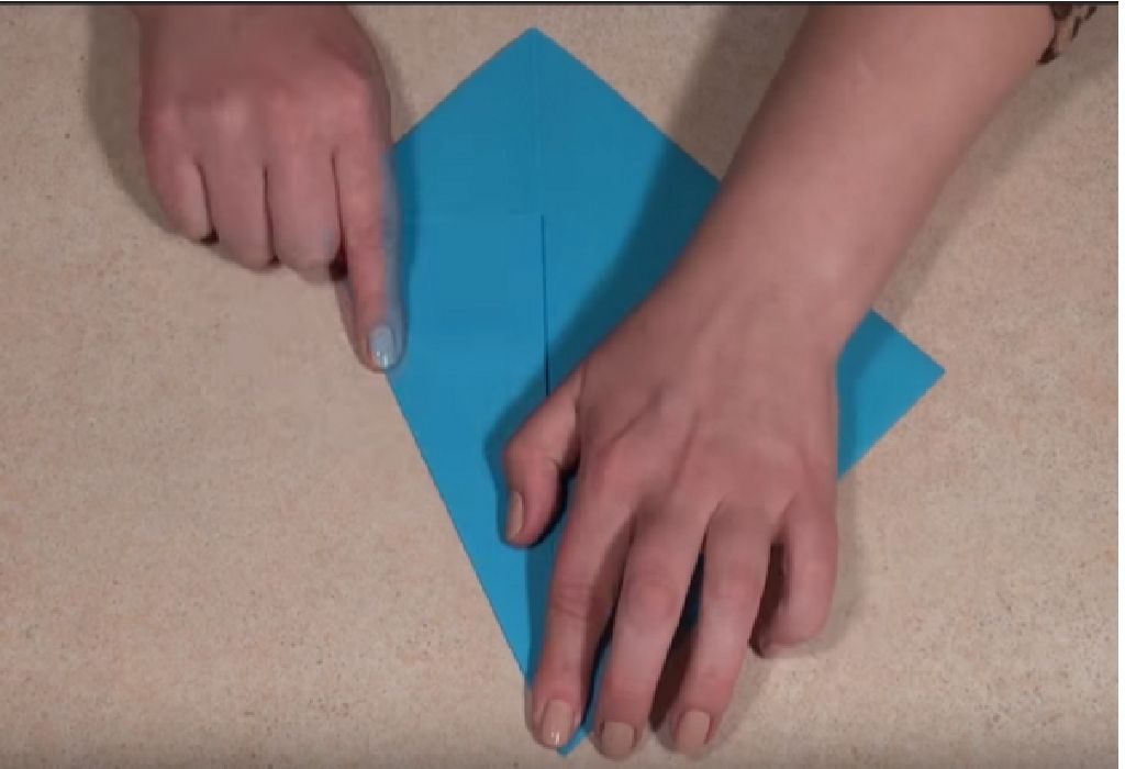 Fold the left tip of the paper towards the center of the paper and align it the edge to the crease.