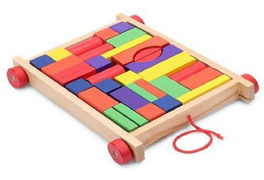 Pull Along Wooden Wagon with Colored Blocks