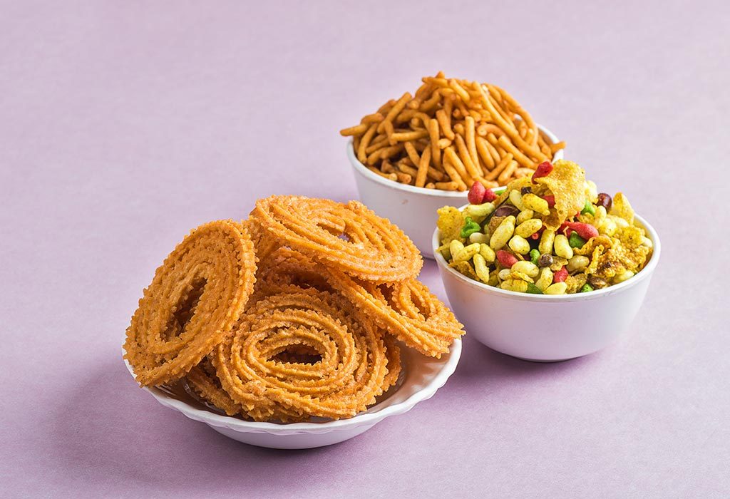 Diwali snacks in a small plate and bowl