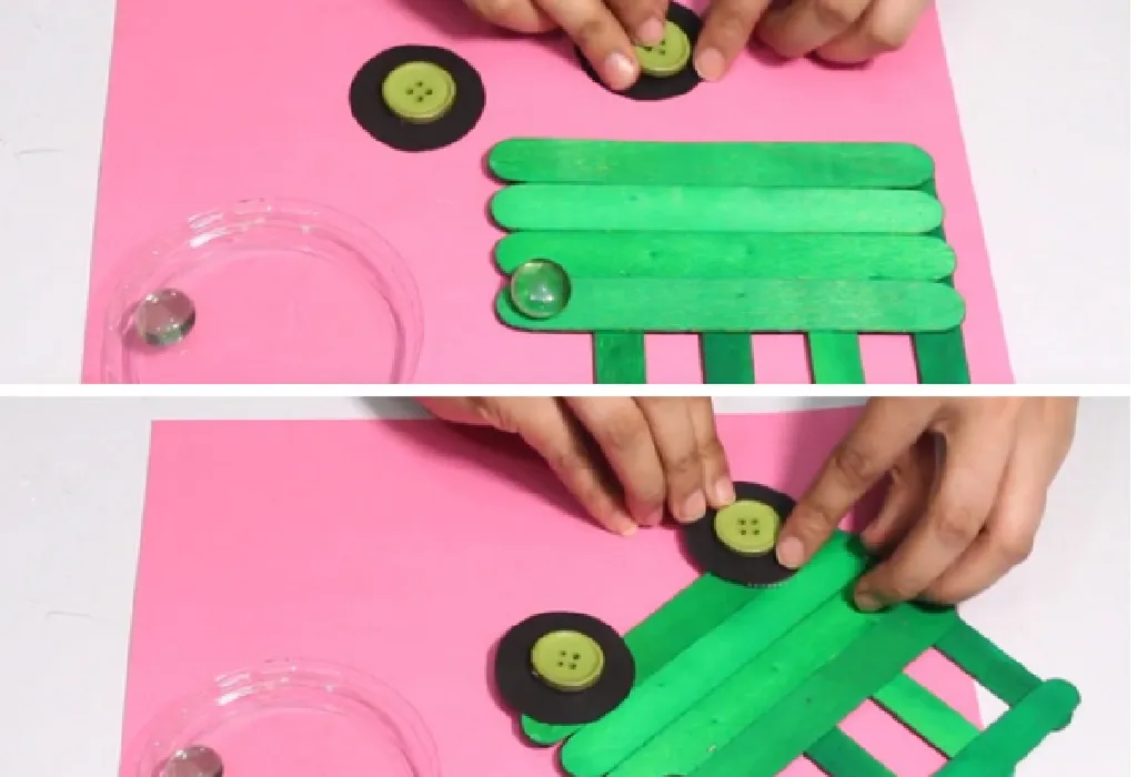 Stick button on each of these circles and paste them on the bottom of the bus for wheels