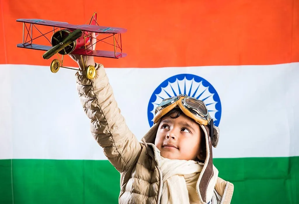 Kid palying with a airplane on independence day
