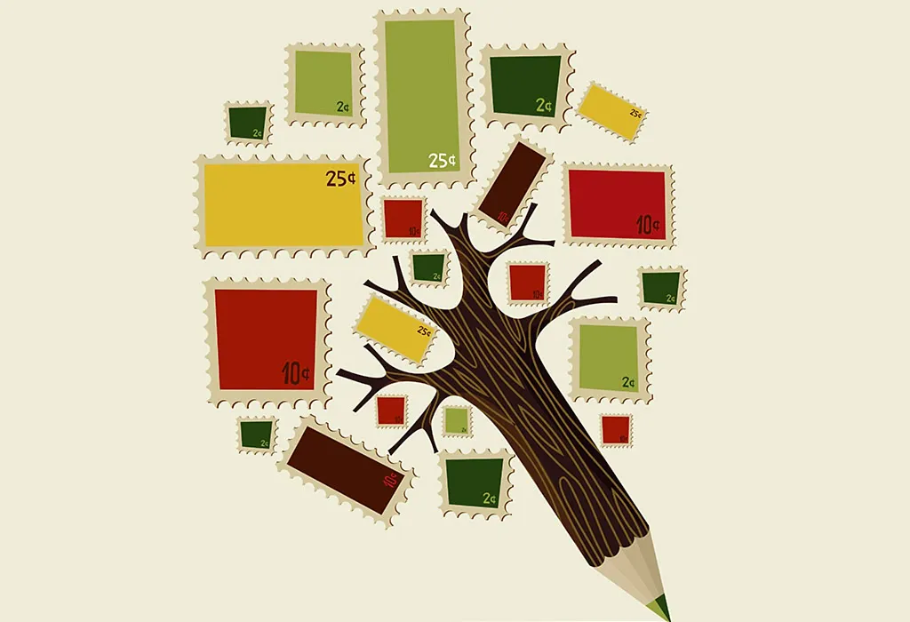 Pencil Tree Image With Colourful Stamps