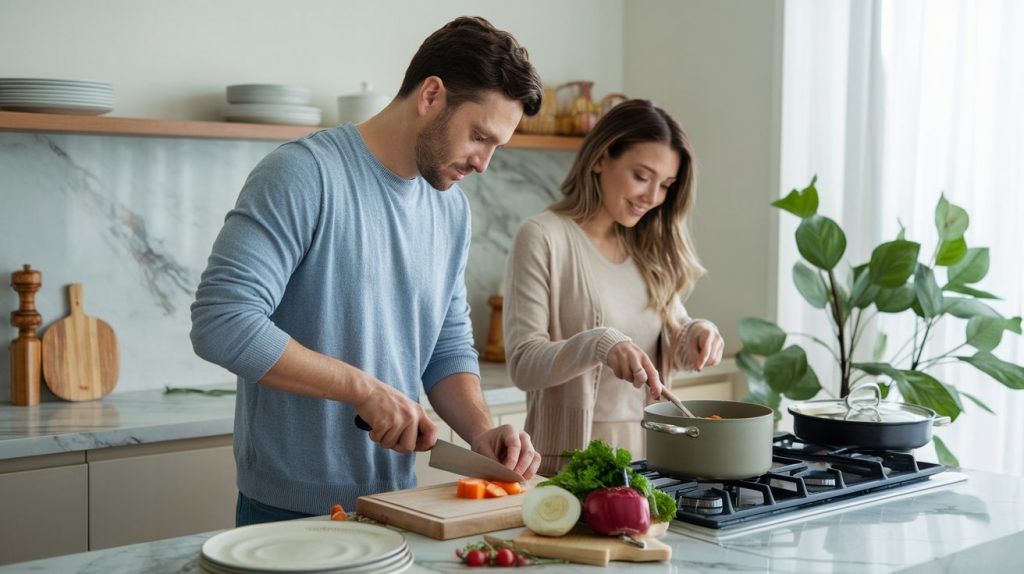 Couple making meal together