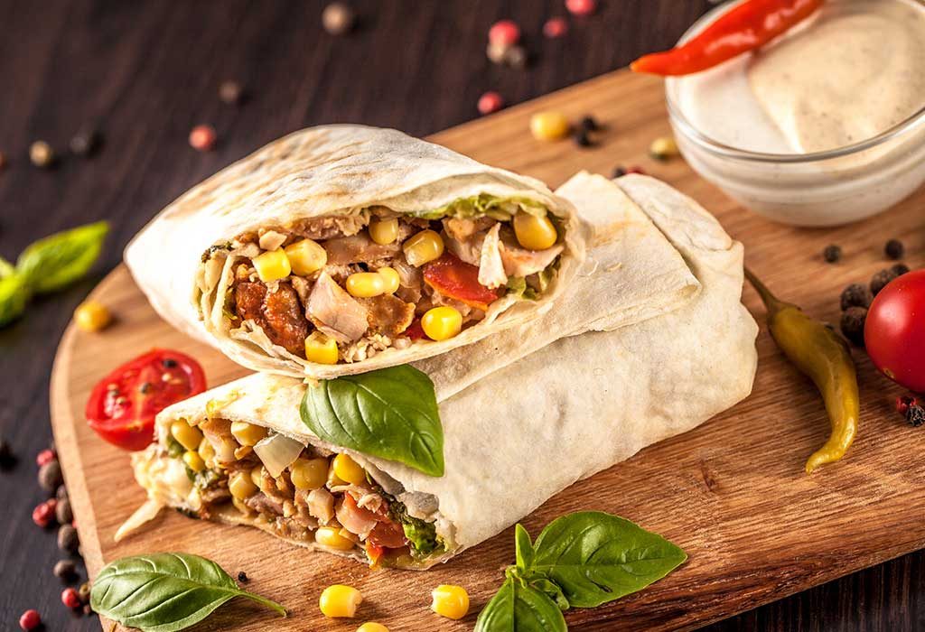 Wheat tortilla wrap with lentil and veggies