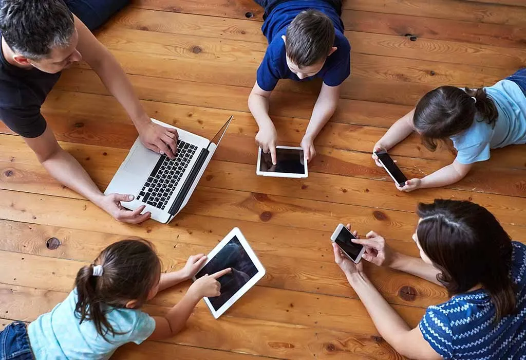 A family using different gadgets