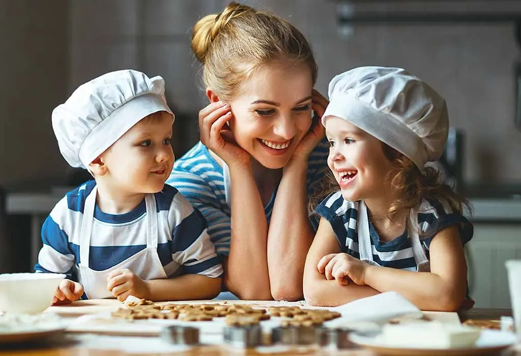 Mom and her children cooking together