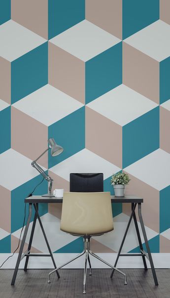Major desk envy with this funky geometric wallpaper design. Home offices don't have to be boring, create an accent wall for an energetic feel to your interiors.