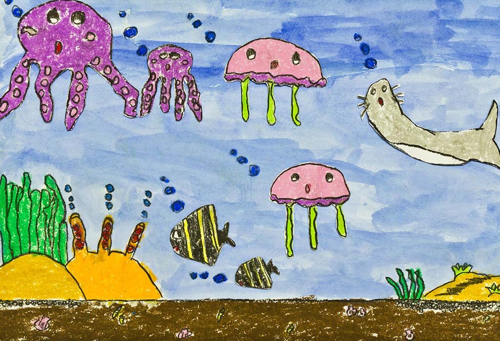 child's drawing of marine life