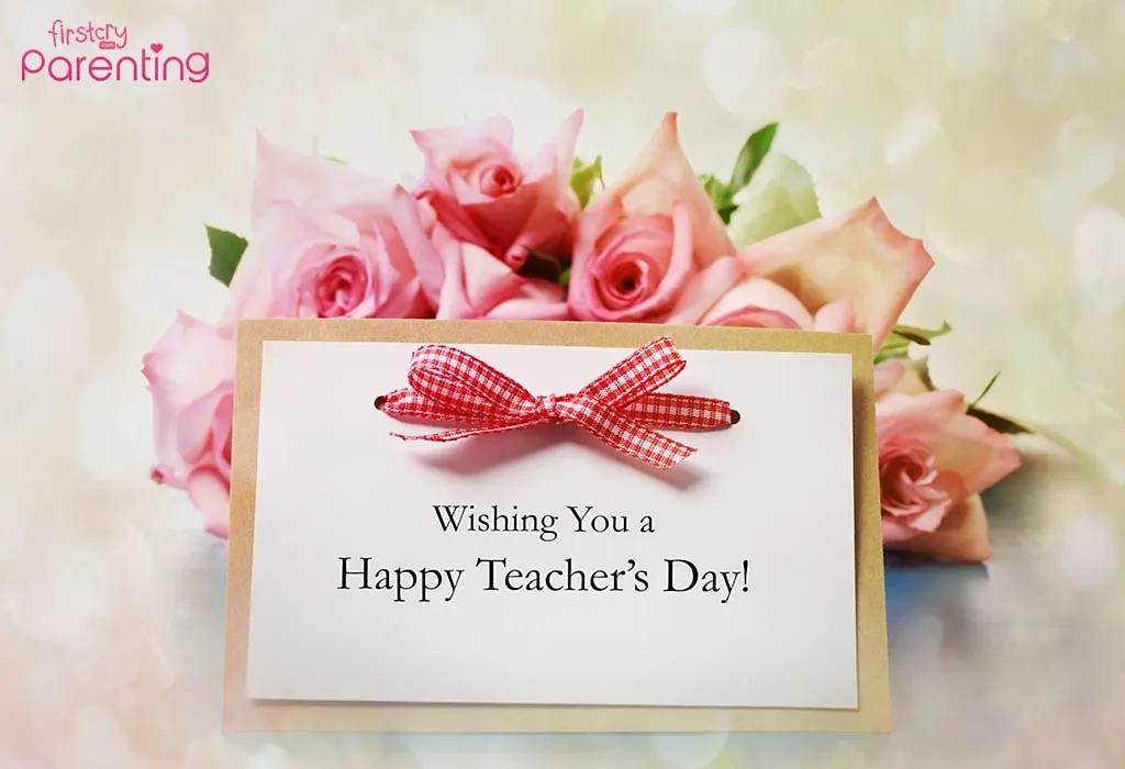 Teacher's Day concept. School supplies and greeting card on pink