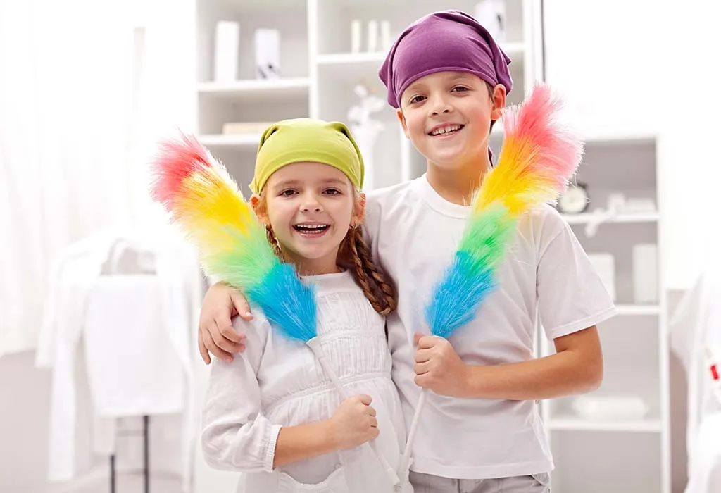 A boy and girl cleaning