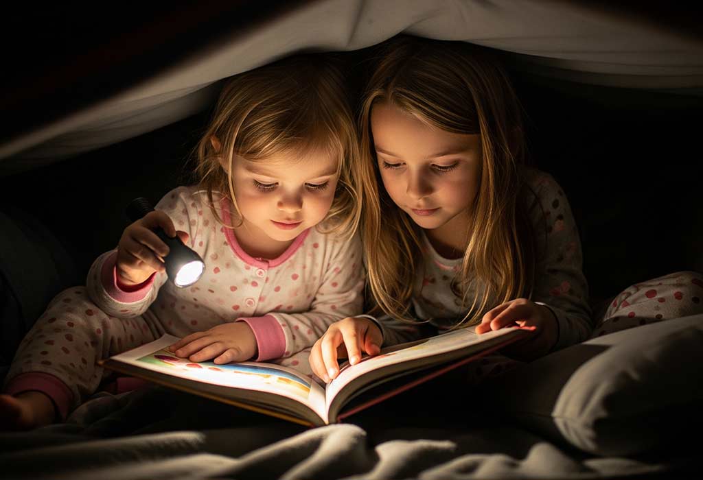 Two sisters reading book under covers