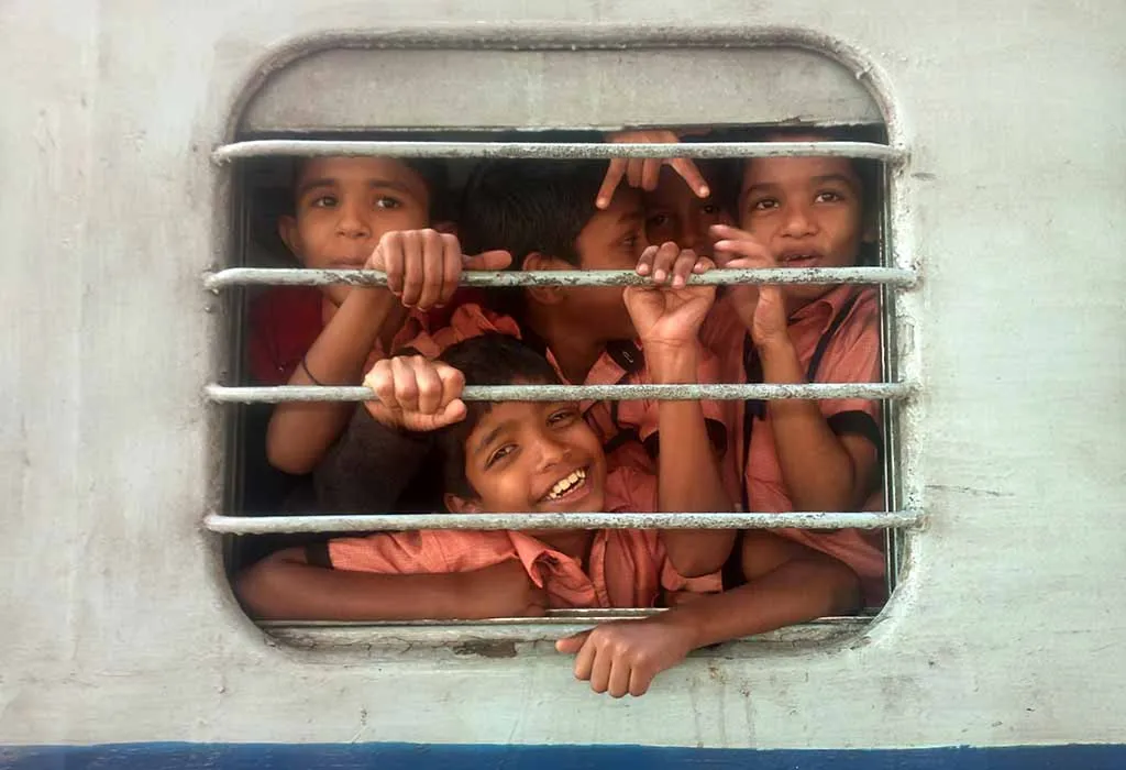 Children travelling in train