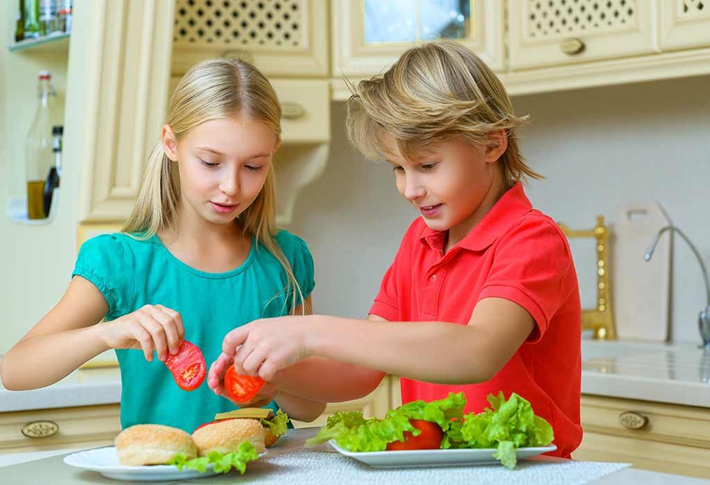 Kids making sandwich and burger