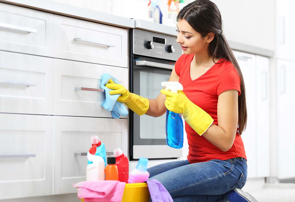 cleaning the house with gloves