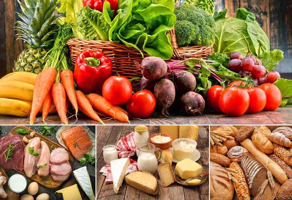 fruits and vegetables, different types of meat, dairy and breads