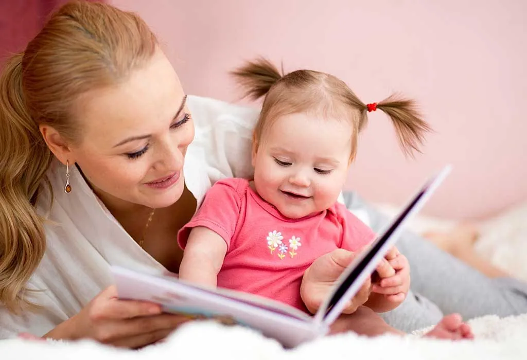 Mom and toddler reading a book