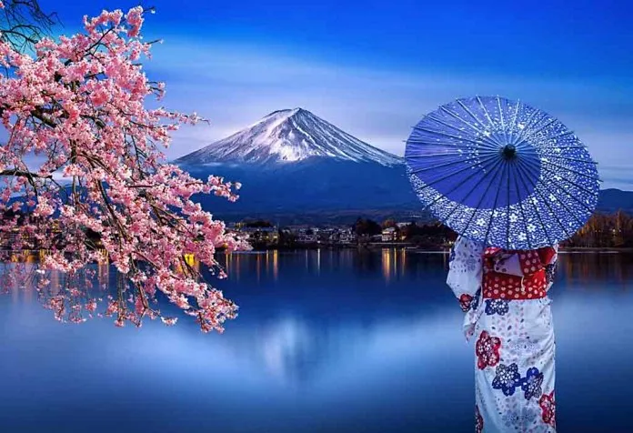 Japanese woman watching Mount Fuji