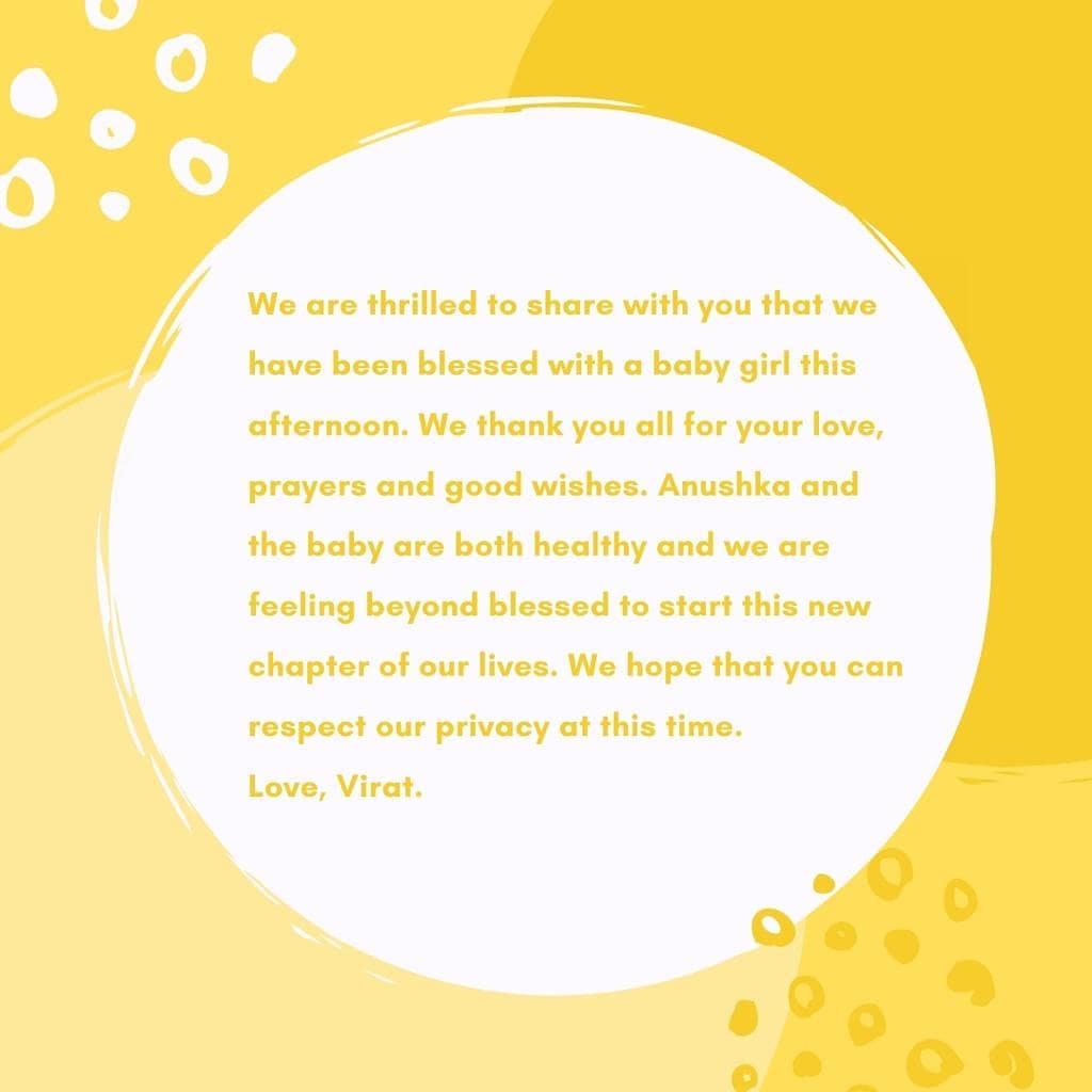 Anushka and Virat Kohli welcome their baby girl!
