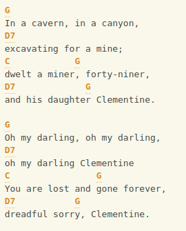 Old time song lyrics with guitar chords for Clementine G