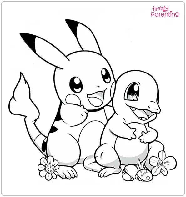 Pikachuand Charmander Coloring Page