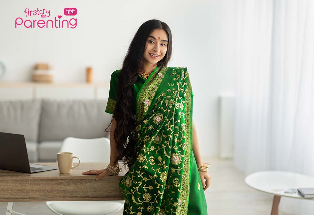 हरा रंग के वस्त्र में भारतीय महिला