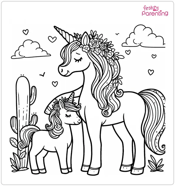 Mother And Baby Unicorn Colouring Page