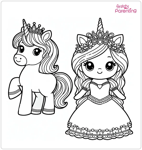 Princess And Unicorn Colouring Page