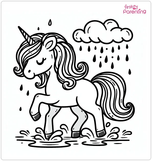 Unicorn Walking On Rain Coloring Page