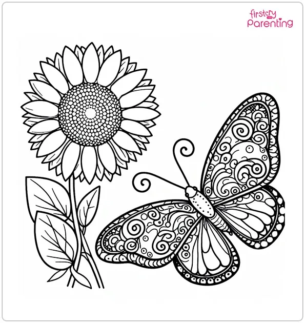 Butterfly and Sunflower Coloring Page