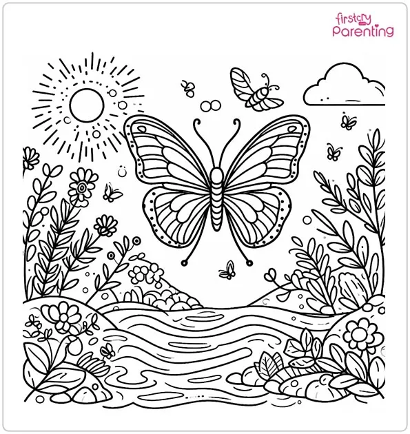 Butterfly on River Coloring Page
