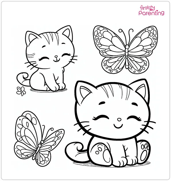 Kitty and Butterfly Coloring Page