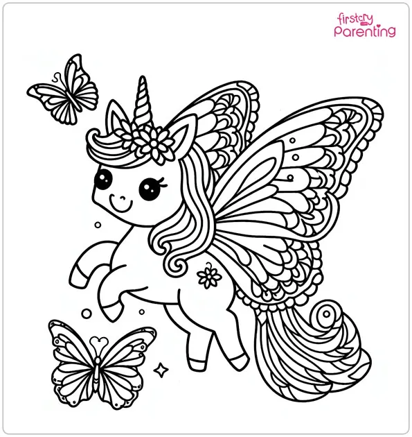 Unicorn Butterfly Coloring Page