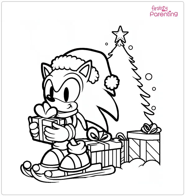 Sonic the Hedgehog on Christmas Coloring Page Sonic the Hedgehog on Christmas Coloring Page
