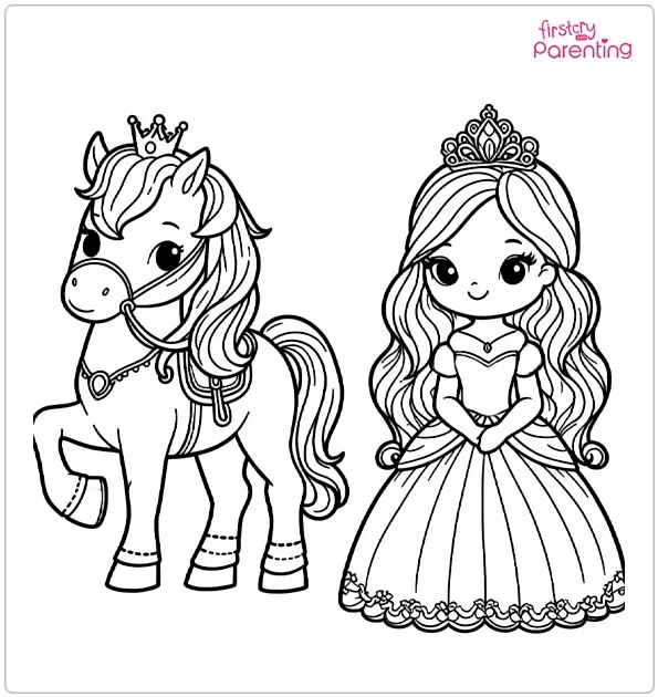 Princess and Horse Coloring Page