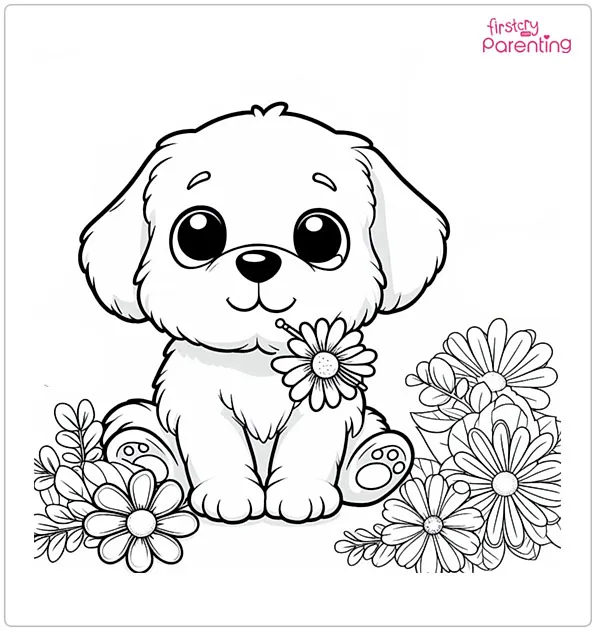 Puppy and Flower Coloring Page