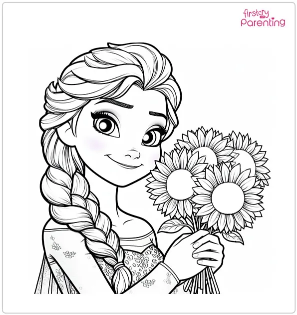 Anna Holds Sunflowers with Elsa Coloring Page