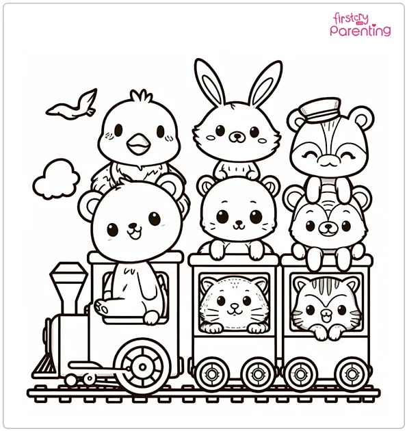 Cute Animals on the Train Coloring Page