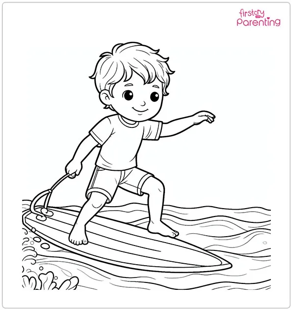Boy Surfing On Ocean Coloring Page