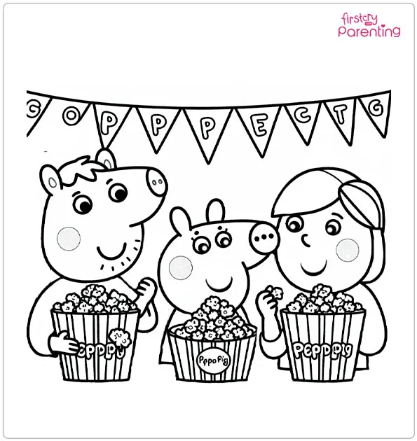 Family Eating Popcorn with Peppa Pig Coloring Page