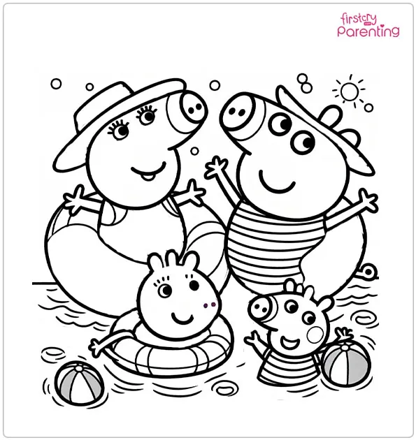 Friends Swimming With Peppa Pig Coloring Page