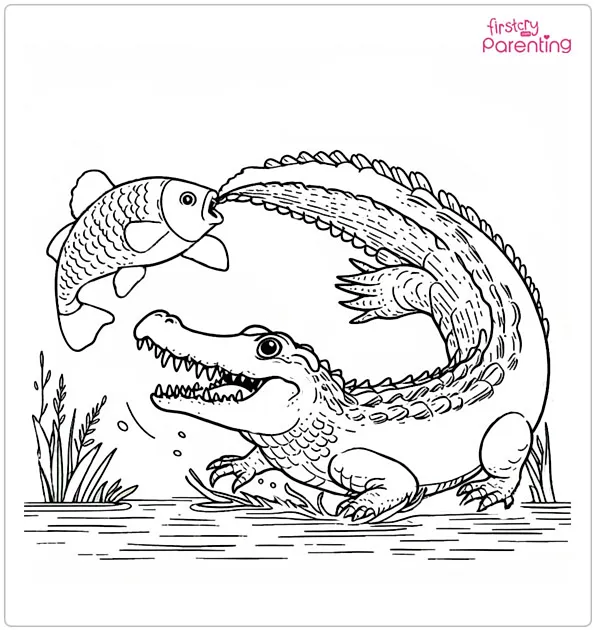 Alligator Hunting Fish Coloring Page