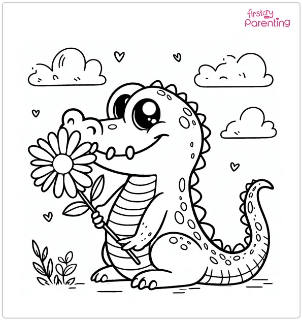 Alligator with Flower in Mouth Coloring Page