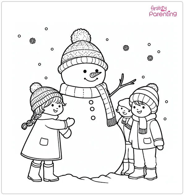 Children with Snowman Coloring Page